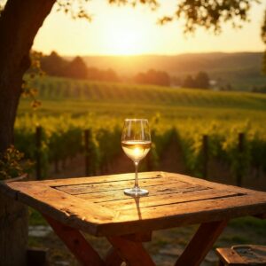 Wine glass overlooking vineyard